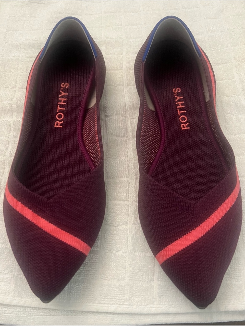 Rothy's Women's Point Racing Stripe Flats Burgundy with Coral Stripe 8.5